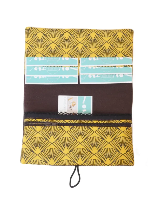 Portefeuille compagnon femme fait main Simili cuir marron tissu imprimé jaune moutarde