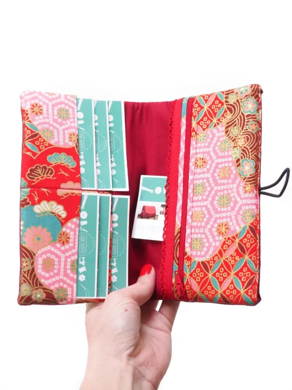 Portefeuille compagnon femme simili cuir bordeaux tissu imprimé rouge rose doré japonais