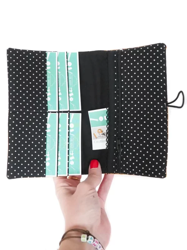 Portefeuille femme compagnon simili cuir doré tissu imprimé noir pois