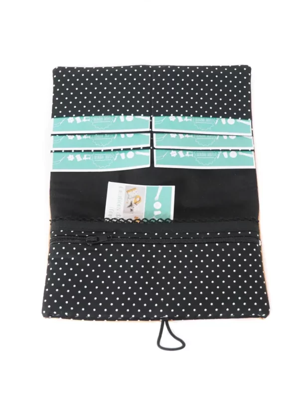 Portefeuille fait main en Bretagne simili cuir doré tissu imprimé noir pois