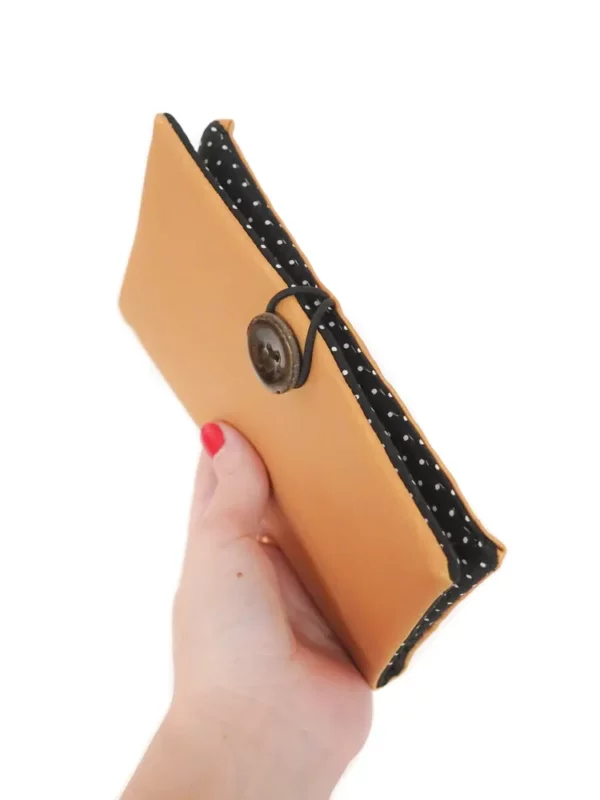 Portefeuille compagnon femme fait main en France simili cuir doré tissu imprimé noir pois