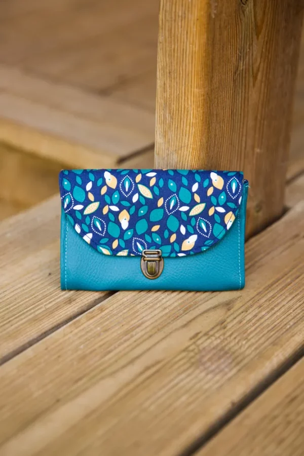 Porte monnaie femme fait main coloré simili cuir turquoise tissu imprimé bleu Pépite