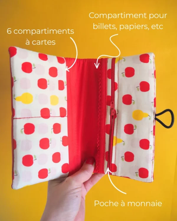 Portefeuille femme fait main en France simili cuir rouge tissu imprimé les pommes