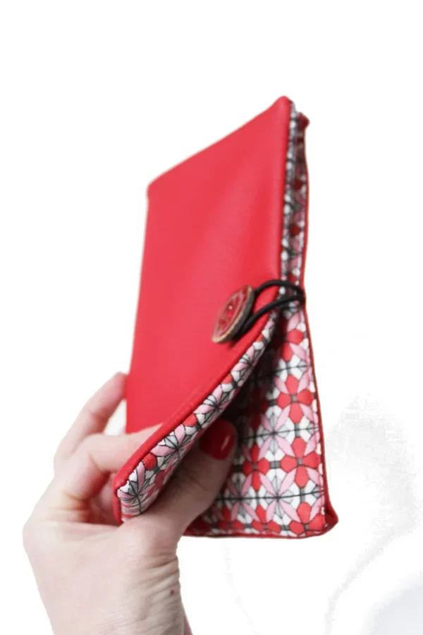 Portefeuille femme fait main en France rouge tissu imprimé géométrique