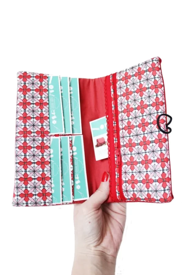 Portefeuille compagnon femme simili cuir rouge tissu imprimé géométrique