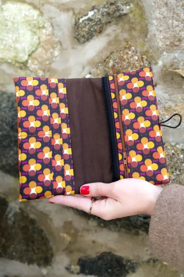 Portefeuille femme fait main compagnon simili cuir rouille tissu imprimé rouille rétro ronds