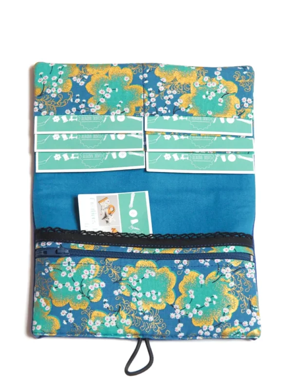 Portefeuille compagnon femme simili cuir bleu électrique tissu imprimé japonais doré cerisier