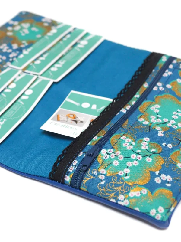 Portefeuille bleu électrique turquoise doré japonais pochette monnaie et emplacements cartes