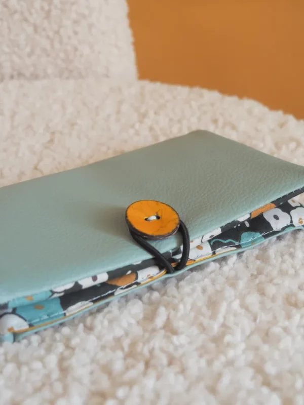 Portefeuille femme compagnon simili cuir gris bleu et tissu imprimé fleuri rétro moutarde June