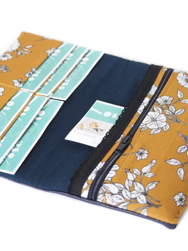Portefeuille marine moutarde fleurs poche zippée monnaie compartiments cartes