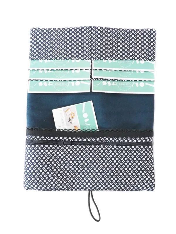 Portefeuille femme fait main simili cuir bleu marine tissu imprimé japonais points