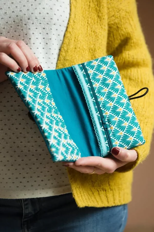 Portefeuille femme compagnon simili cuir turquoise tissu imprimé jaune Nana