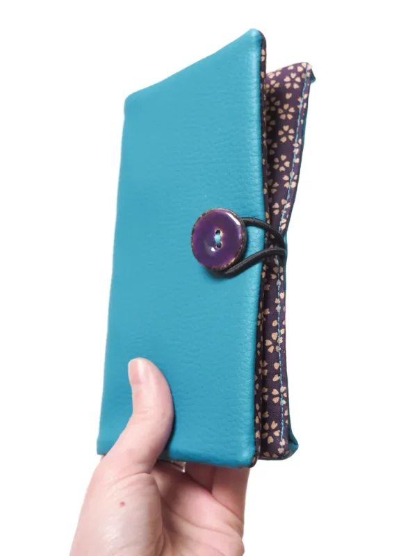 Portefeuille turquoise violet fleurs artisanal