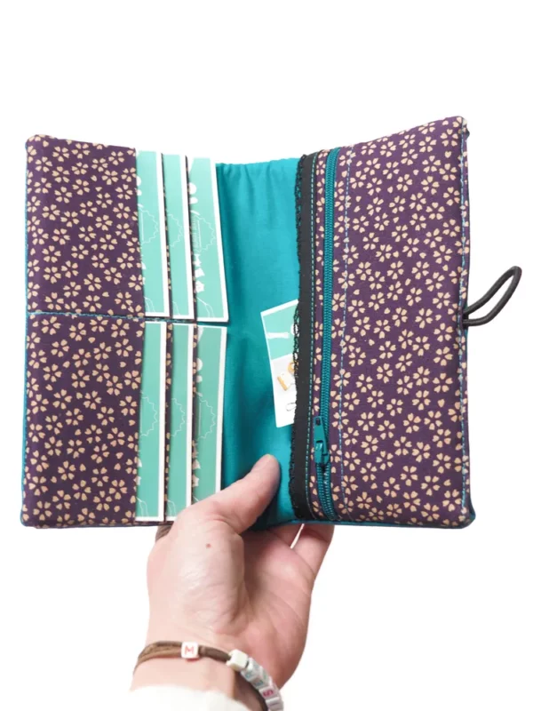 Portefeuille compagnon femme simili cuir turquoise tissu imprimé violet fleurs