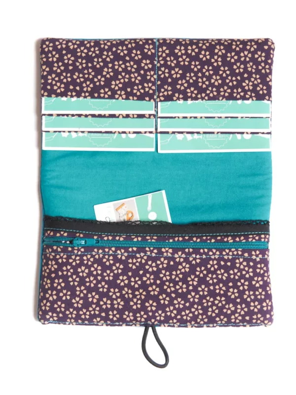 Portefeuille compagnon femme fait main en France turquoise et violet fleurs