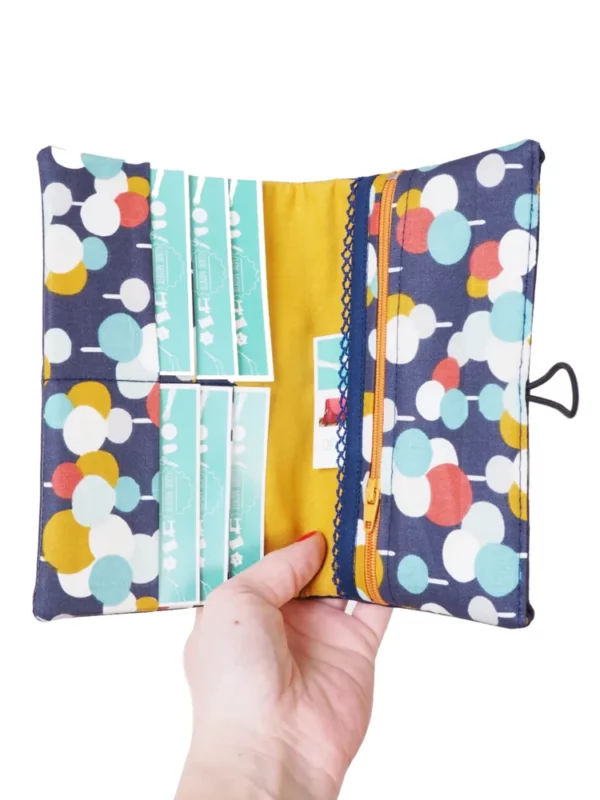 Portefeuille femme fait main en Bretagne simili cuir bleu tissu imprimé multicolore et jaune
