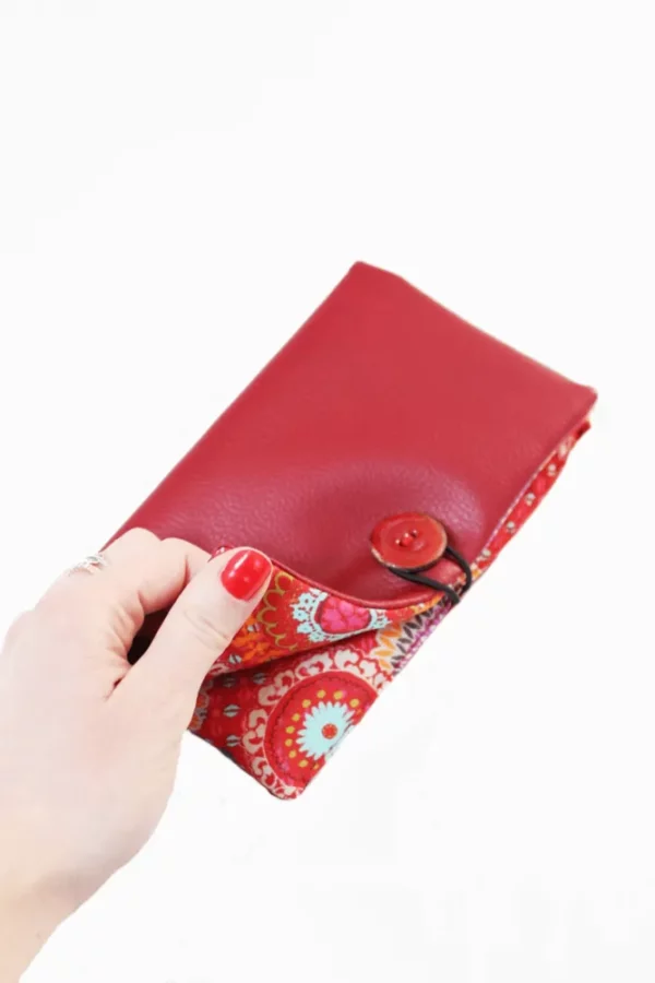 Portefeuille femme compagnon cousu main simili cuir rouge bordeaux tissu imprimé multicolore