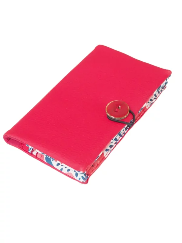 Portefeuille compagnon fait main simili cuir rouge et tissu imprimé fleurs coquelicots