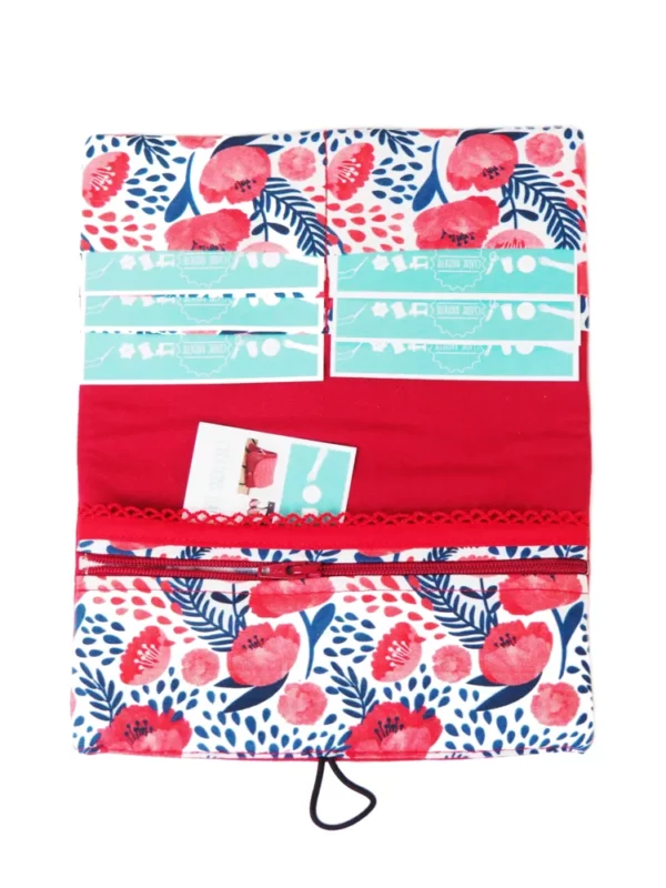 Portefeuille compagnon Fait main en France simili cuir rouge et tissu imprimé coquelicots
