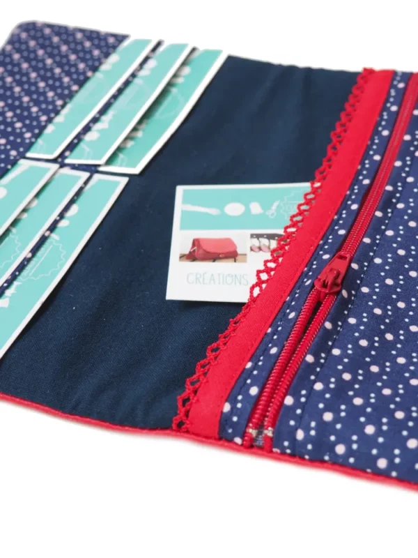 Portefeuille rouge bleu pois zoom sur poche zippée monnaie