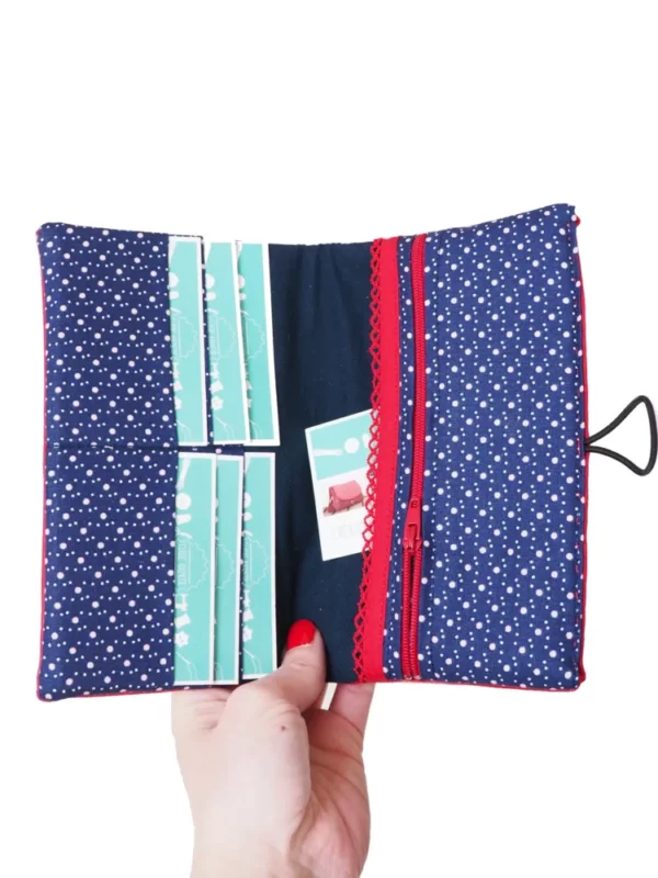 Portefeuille porte cartes simili cuir rouge et tissu imprimé bleu pois fait main en France