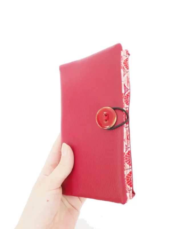 Portefeuille femme compagnon simili cuir bordeaux tissu imprimé rouge paon géométrique