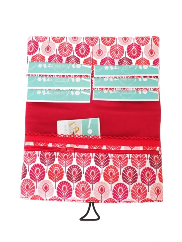 Portefeuille femme compagnon simili cuir rouge bordeaux tissu imprimé paons