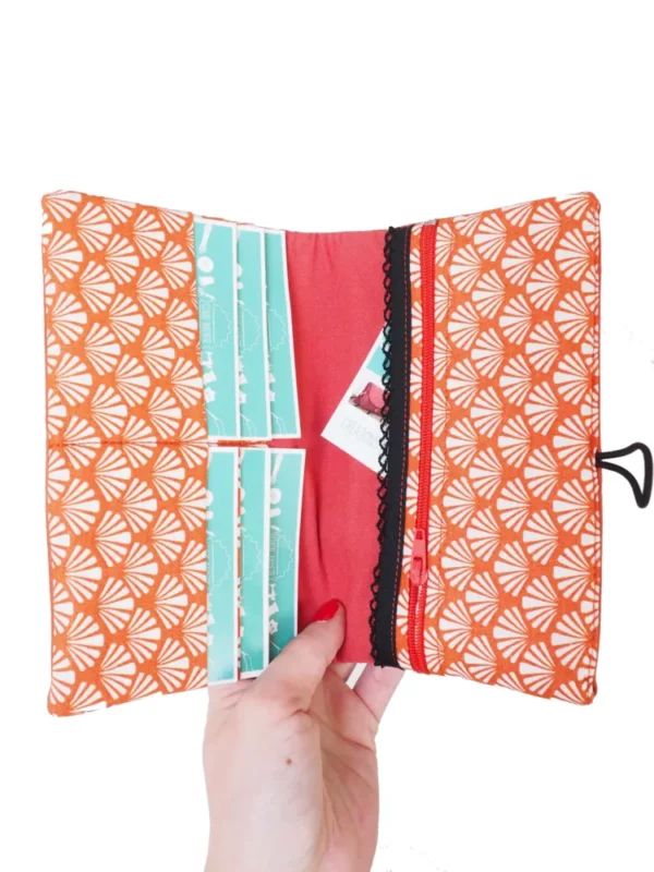Portefeuille compagnon femme simili cuir rouille tissu imprimé éventails