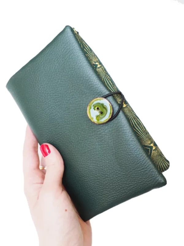 Portefeuille compagnon femme simili cuir vert et tissu imprimé doré