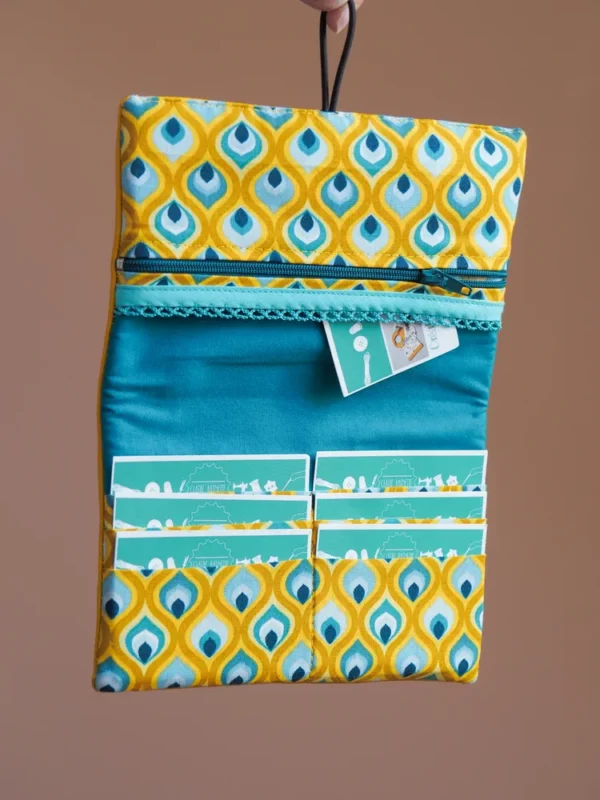 Portefeuille fait main simili cuir jaune tissu imprimé turquoise pochette zippée porte cartes