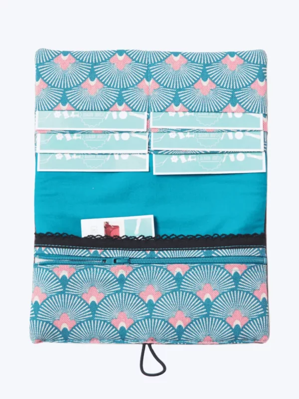 Portefeuille compagnon fait main en France simili cuir marron tissu imprimé turquoise rose
