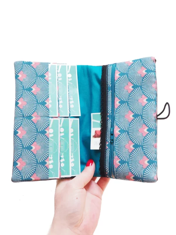 Portefeuille compagnon femme simili cuir marron et tissu imprimé turquoise rose