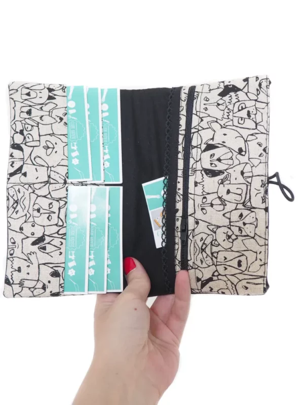 Portefeuille femme compagnon simili cuir noir tissu imprimé chiens ouvert