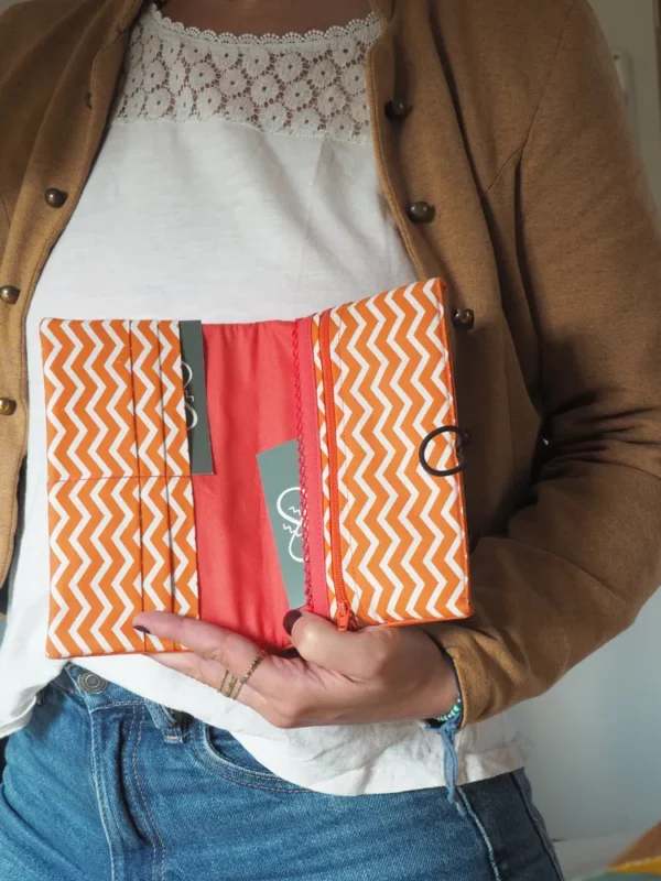Portefeuille compagnon femme simili cuir orange tissu imprimé chevrons