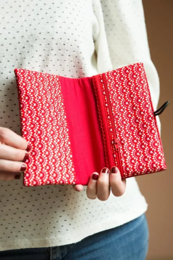 Portefeuille femme compagnon simili cuir rouge tissu imprimé Aloïse