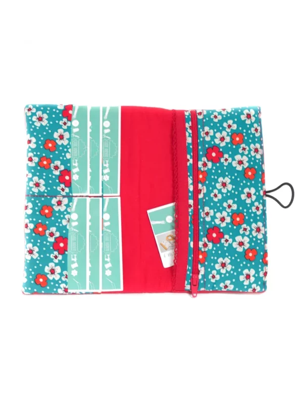 Portefeuille femme fait main coloré rouge et turquoise fleurs