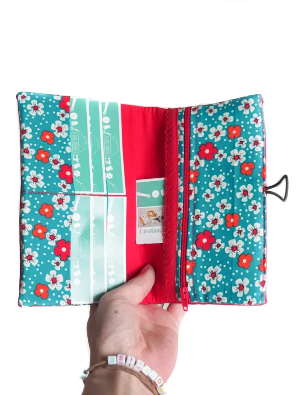 Portefeuille compagnon femme simili cuir rouge tissu imprimé turquoise fleurs