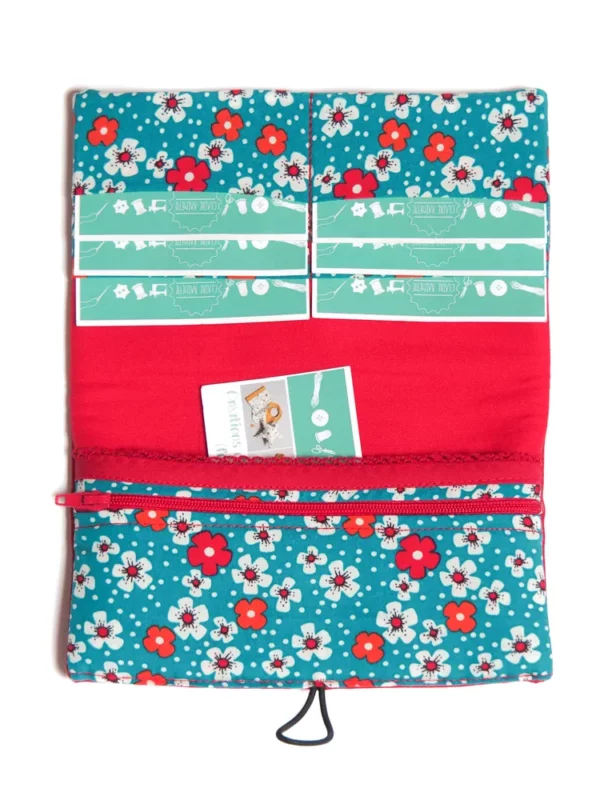 portefeuille compagnon cousu main en France simili cuir rouge tissu imprimé fleuri turquoise