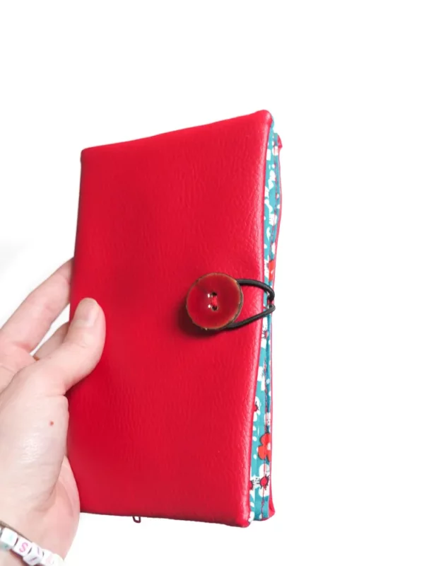 Portefeuille fait main en France coloré simili cuir rouge tissu imprimé turquoise fleurs