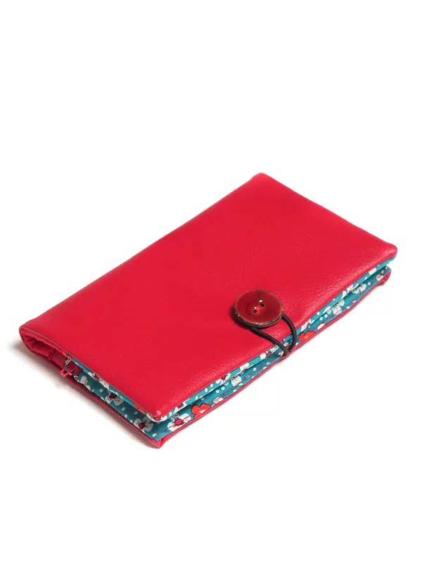 Portefeuille femme cousu main en Bretagne rouge et turquoise fleurs