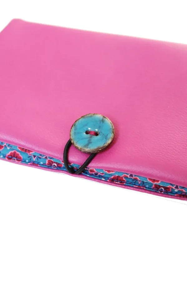 Portefeuille femme fuchsia turquoise bouton coco turquoise