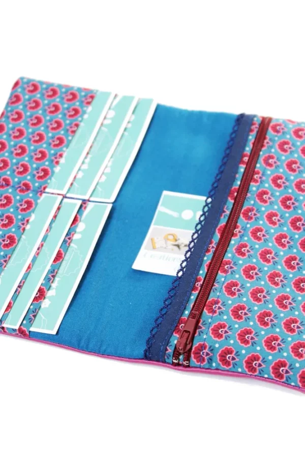 Portefeuille femme fuchsia turquoise zoom sur poche zippée monnaie porte cartes compartiments