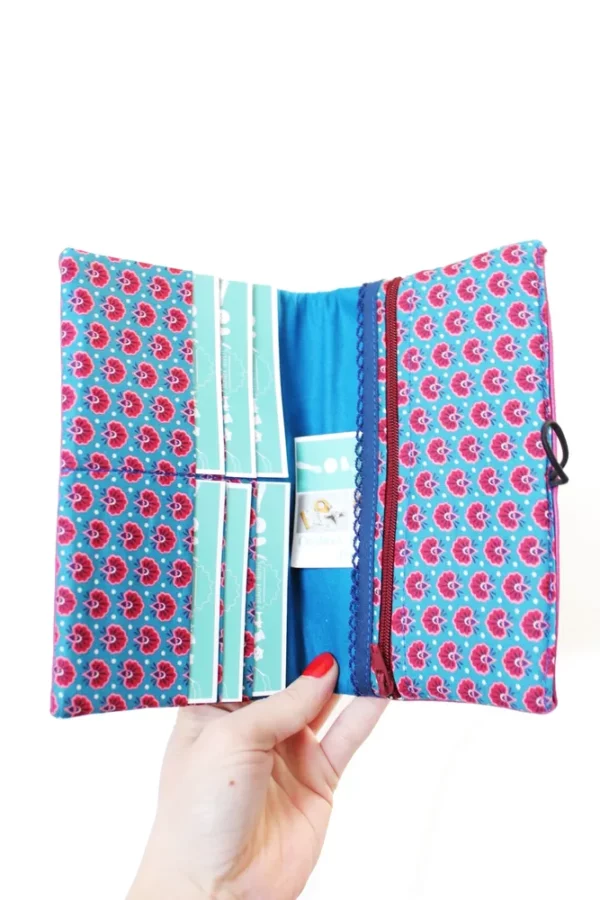 Portefeuille compafnon femme simili cuir fuchsia et tissu imprimé turquoise