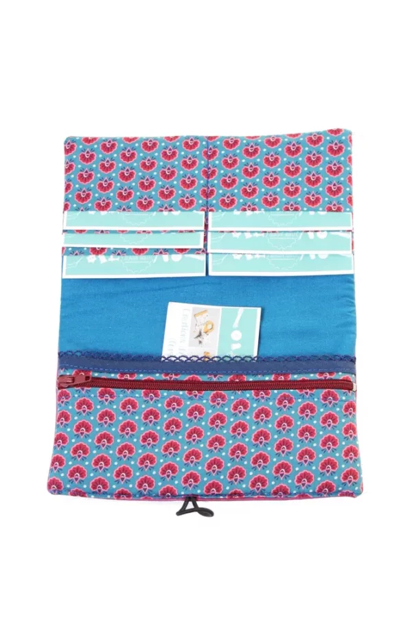 Portefeuille femme cousu main simili cuir fuchsia tissu imprimé turquoise