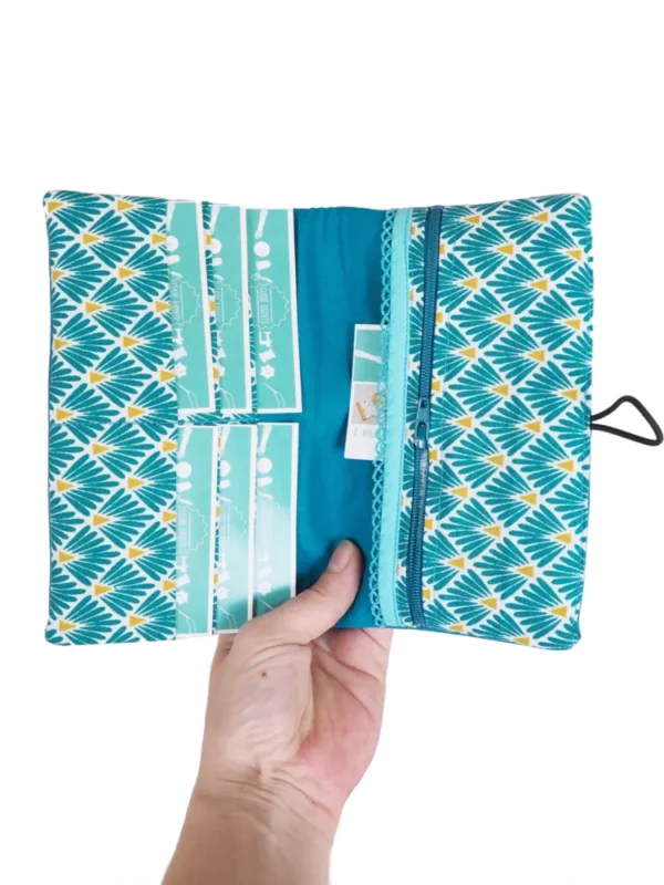 Portefeuille femme fait main turquoise et jaune imprimé
