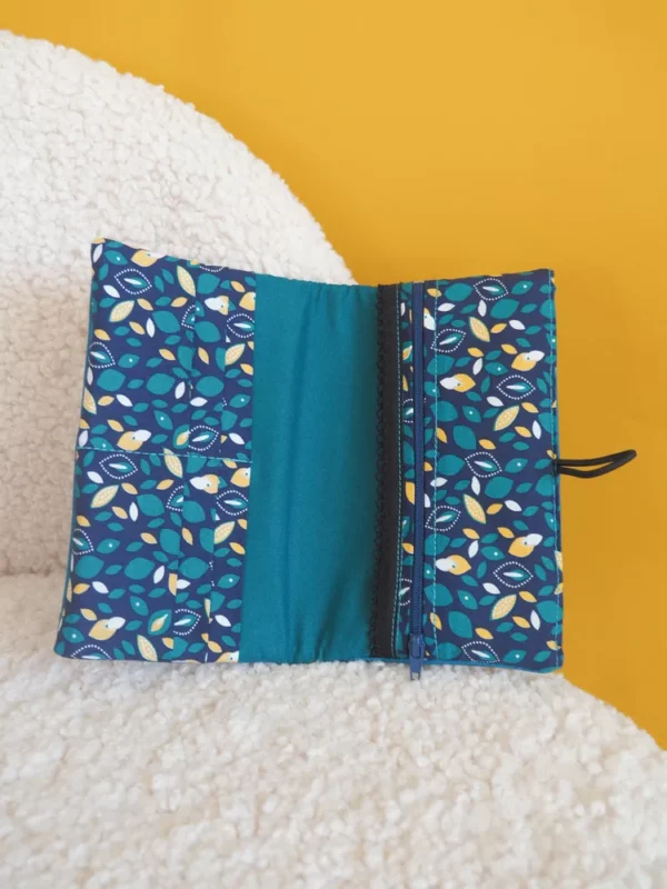 Portefeuille femme coloré fait main simili cuir turquoise tissu imprimé bleu Pépite