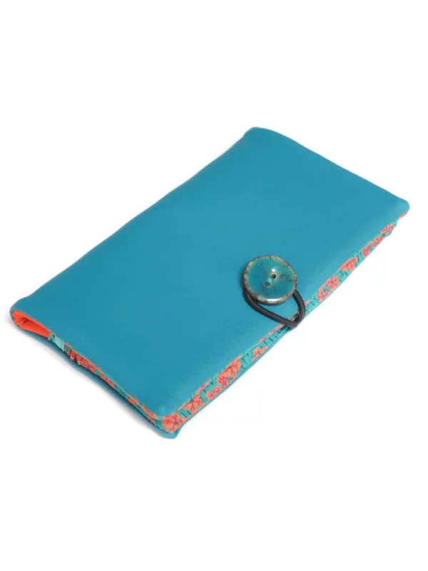 Portefeuille compagnon cousu main en France turquoise bouton turquoise coco