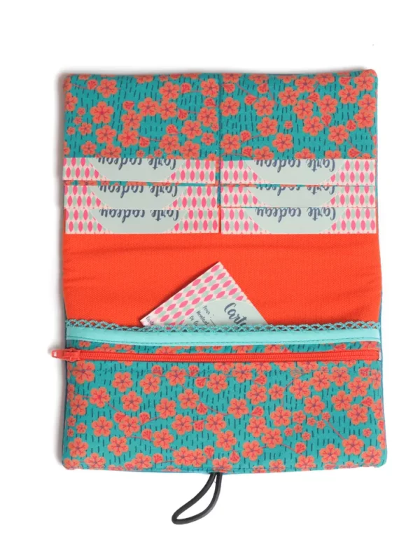 Portefeuille Lili turquoise orange fleurs fait main avec amour