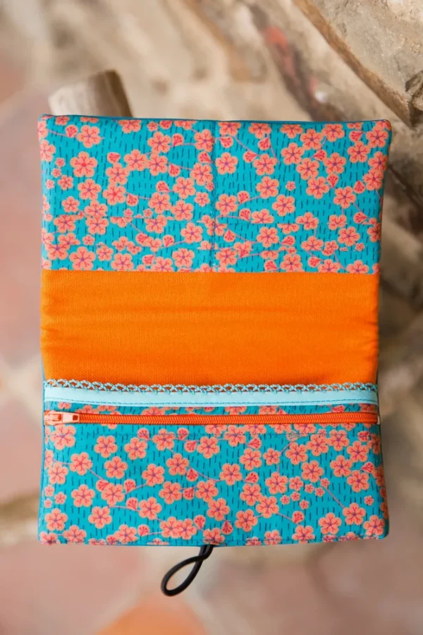 Portefeuille femme turquoise et orange fleurs cousu main en France