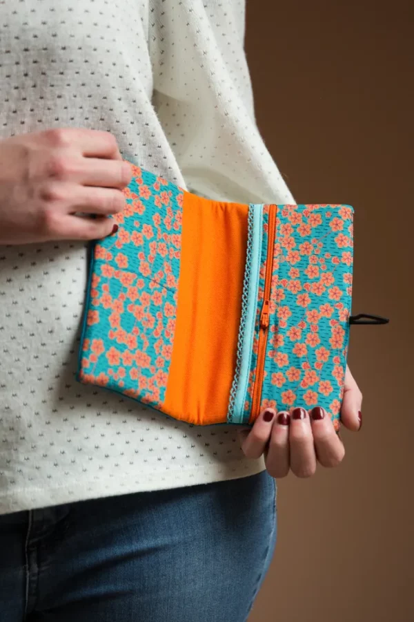 Portefeuille compagnon femme simili cuir turquoise tissu imprimé fleurs orange